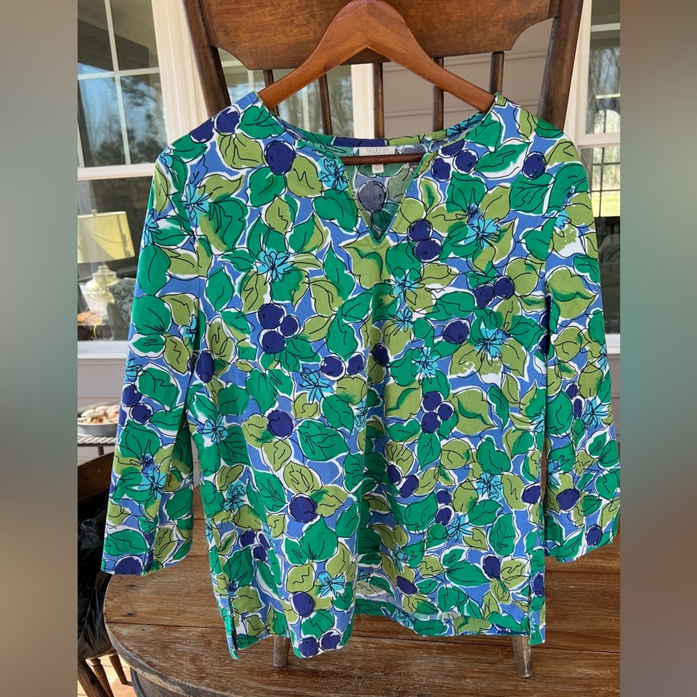 TALBOTS Women's Blue Green Purple Abstract Floral Pleated V-Neck Blouse Size LP